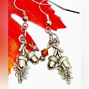 Double Acorn Oak Leaf Detailed Charm with Brown Crystal Earrings Fall Nature 2”